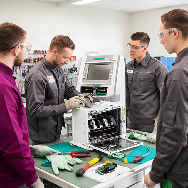 ATM technicians learning safe maintenance procedures in a bright training workshop