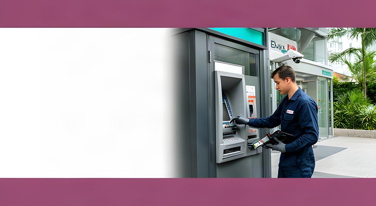 Security technician inspecting an ATM enclosure beside a bank entrance in Singapore