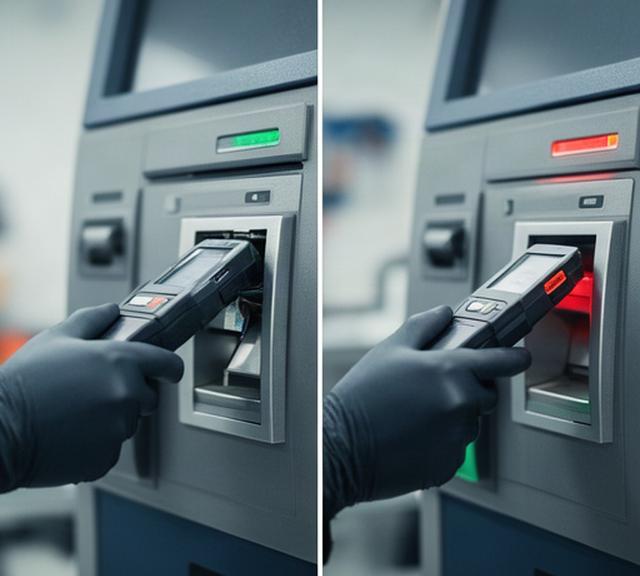 Technician comparing a tampered ATM card reader with a clean reader during a security inspection