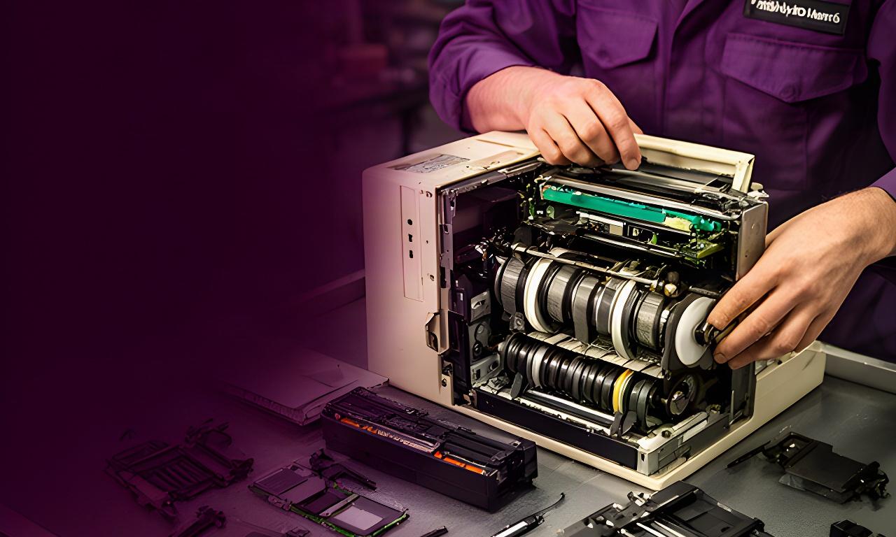 Technician inspecting an open ATM cash module with rollers and feed belts on a service bench